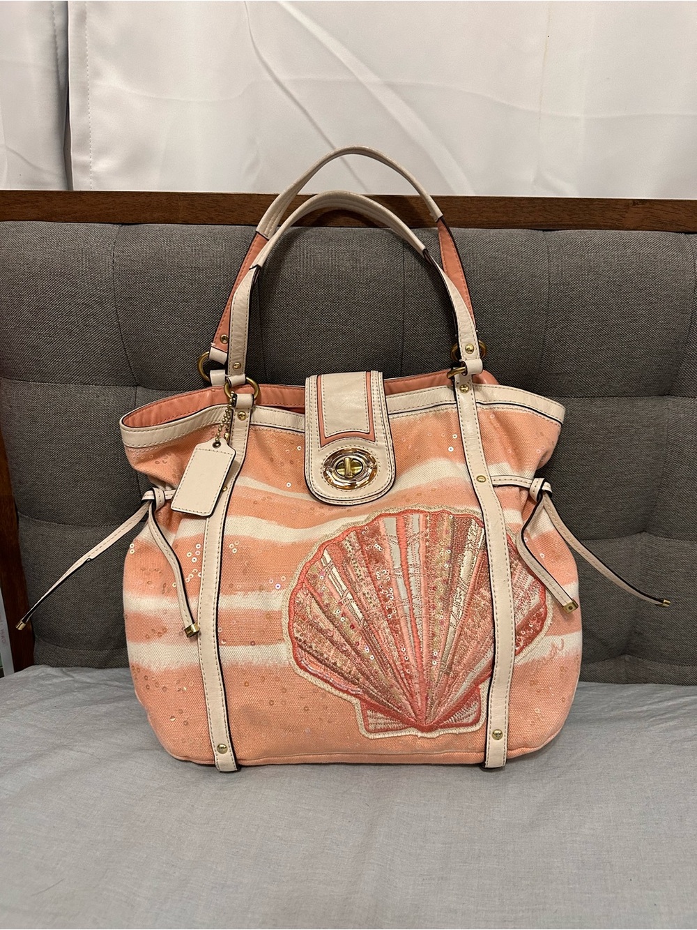 Rare Y2K Coach Audrey Motif Canvas Seashell Medium Cinched Tote